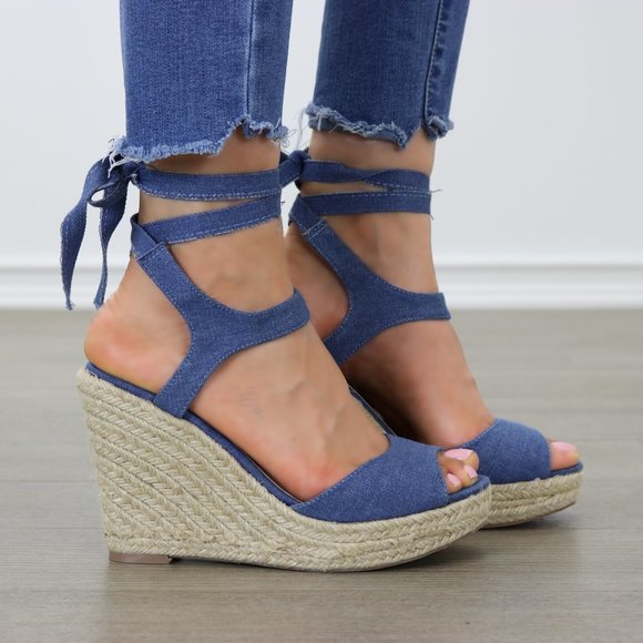 Denim Glamorous Ankle Tie Espadrille Wedge - Picture 2 of 7